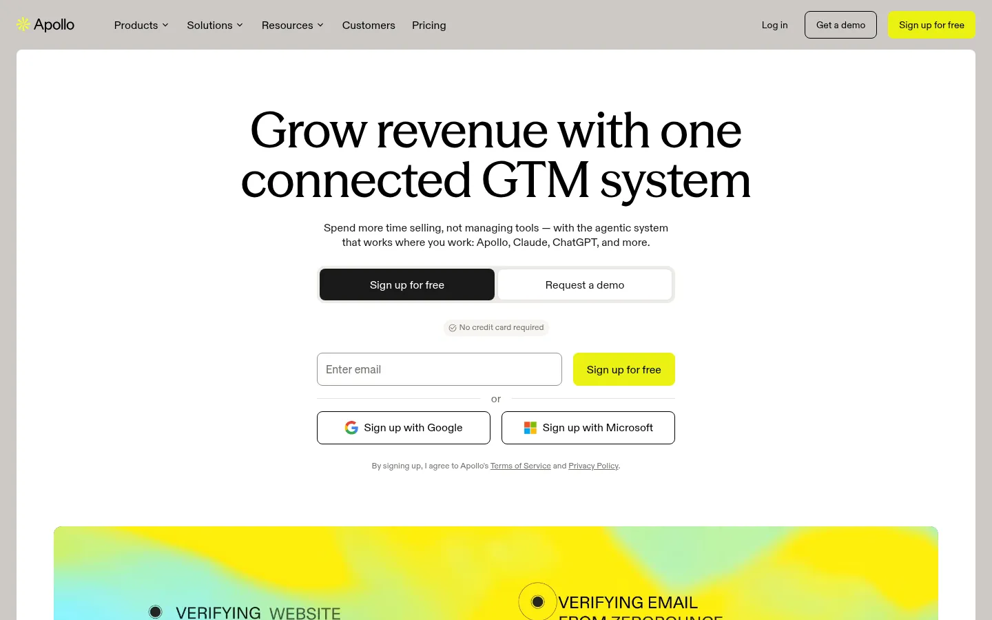 Apollo.io website, showing the home page about its connected go to market system