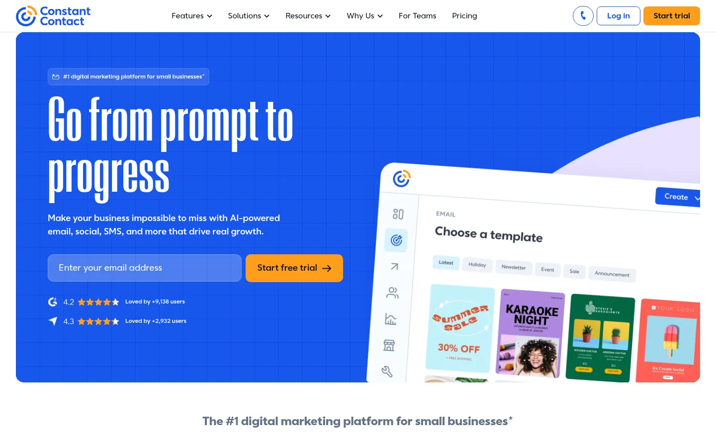 Constant Contact website, showing the home page with an email sign up box and template preview