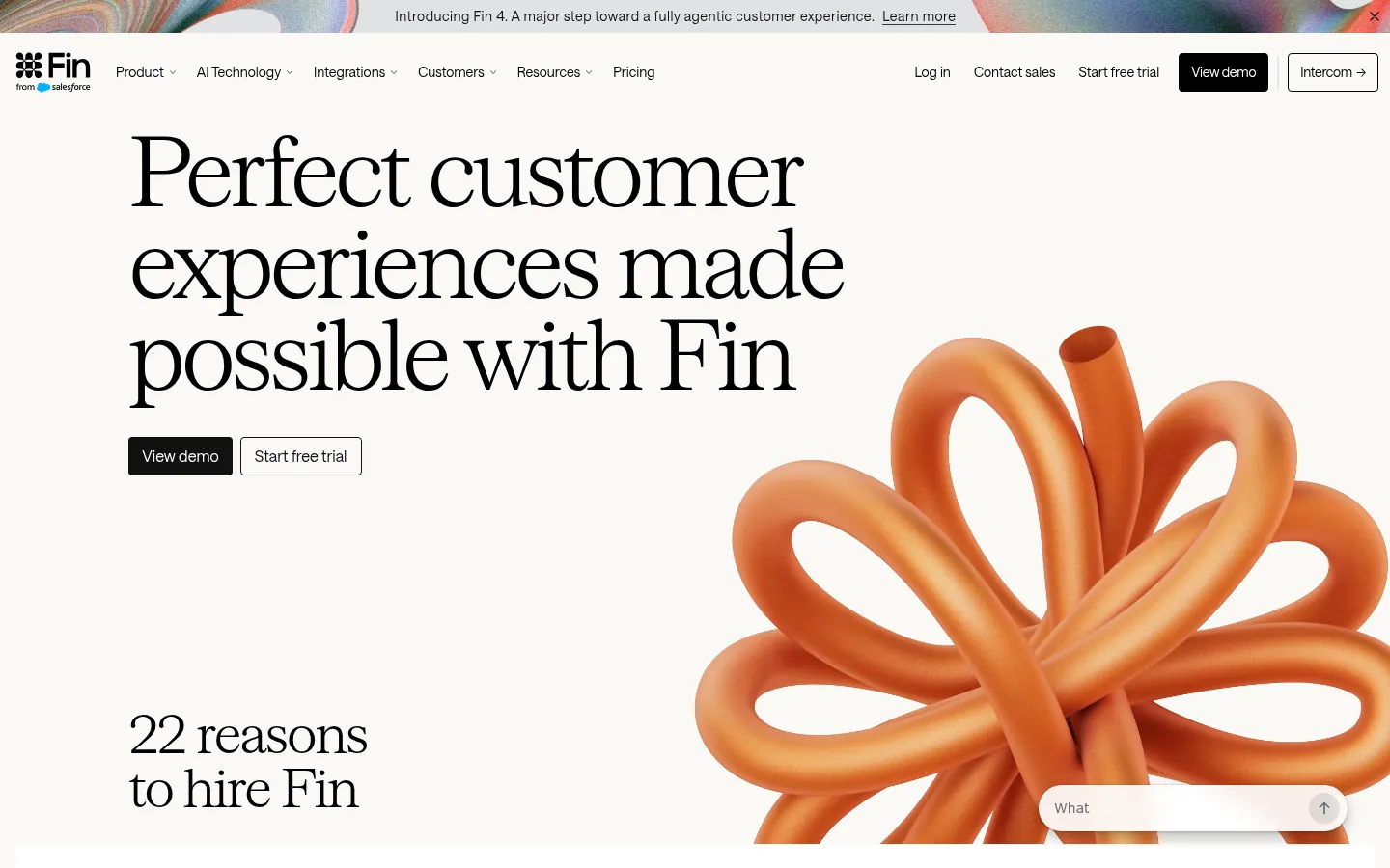 Fin website, showing the home page about customer experiences with Fin