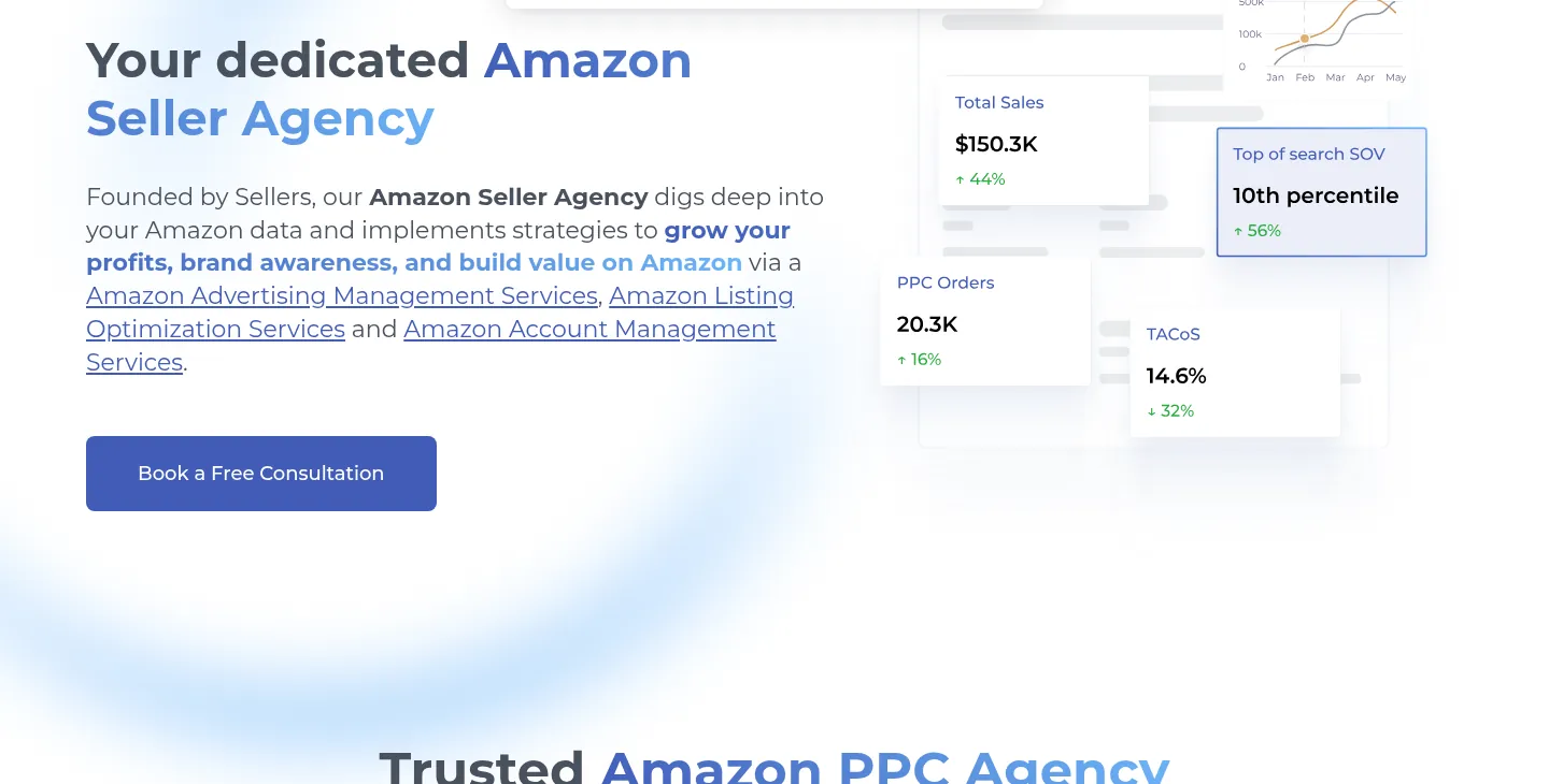 SellerMetrics website, showing the home page describing its Amazon seller services