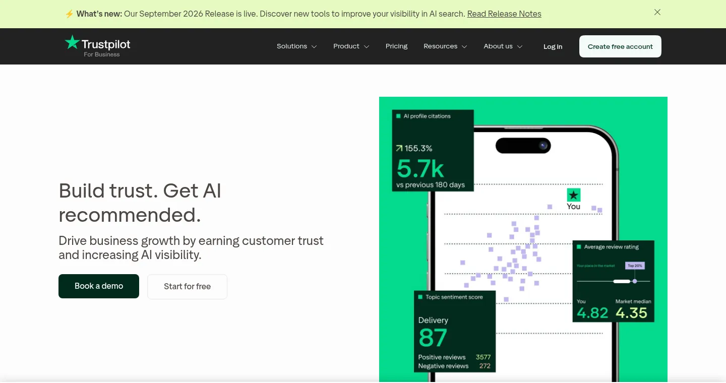 Trustpilot website, showing the Trustpilot Business page about building trust and AI visibility