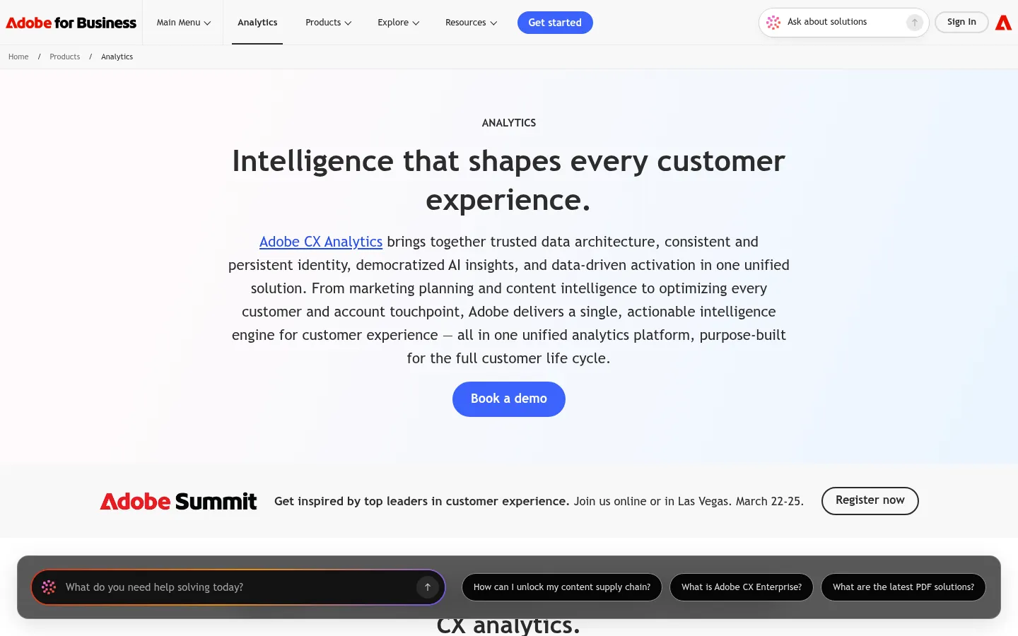 Adobe Analytics website, showing the Adobe Analytics product page