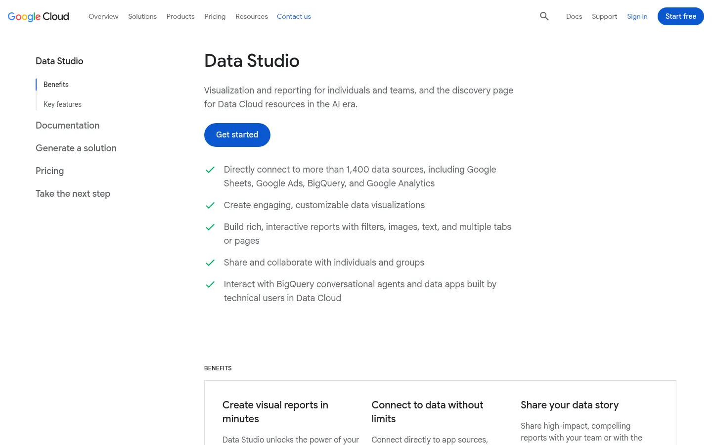 Data Studio website, showing the Data Studio product page on Google Cloud