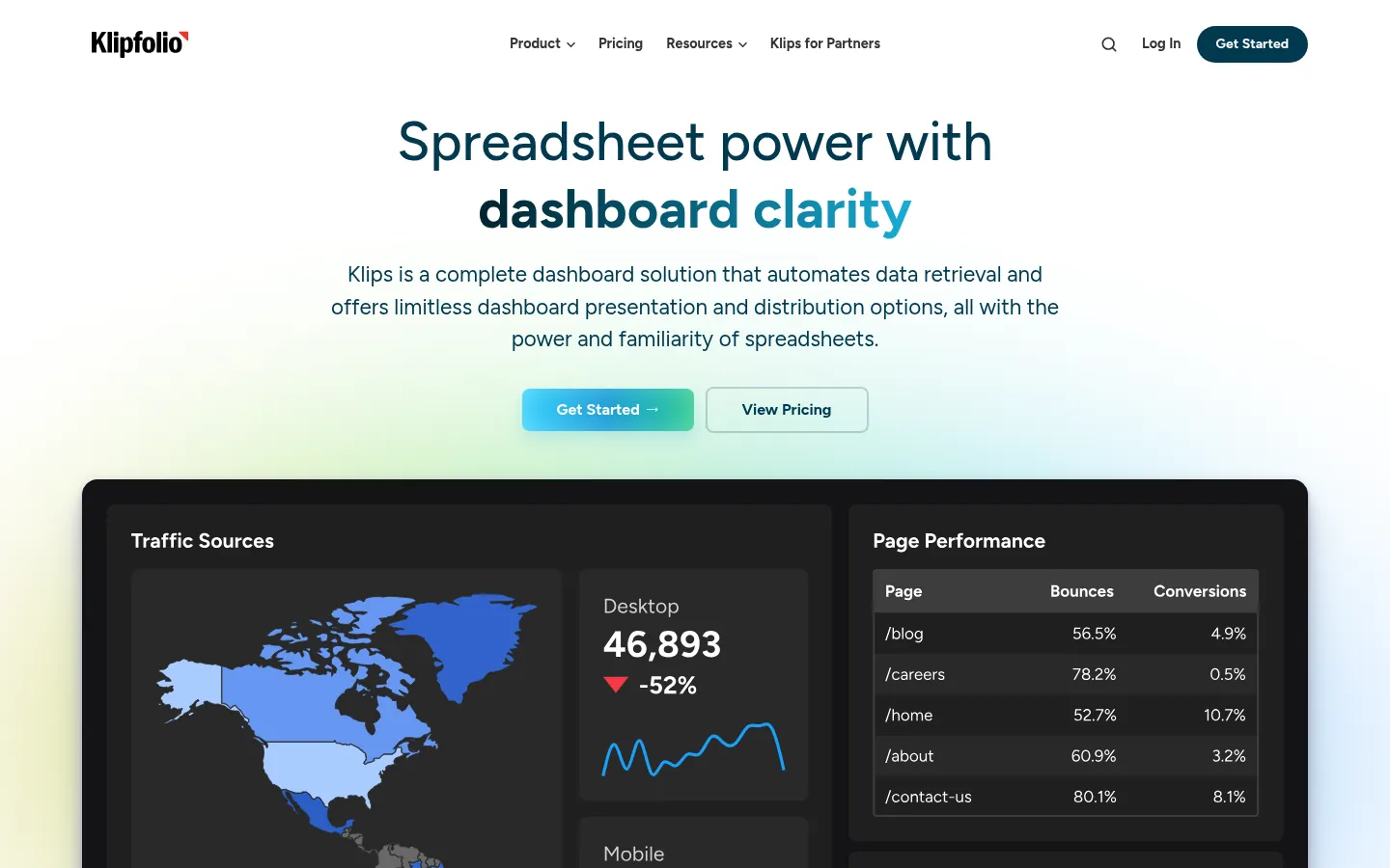 Klipfolio website, showing the home page with a sample dashboard