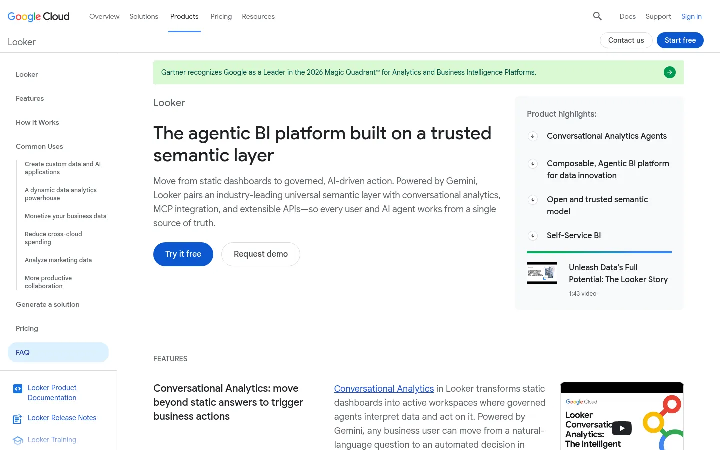 Looker website, showing the Looker product page on Google Cloud