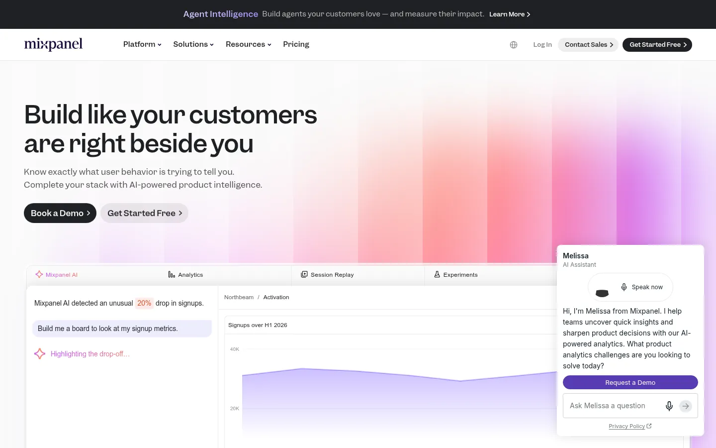Mixpanel website, showing the home page with a sample product analytics view