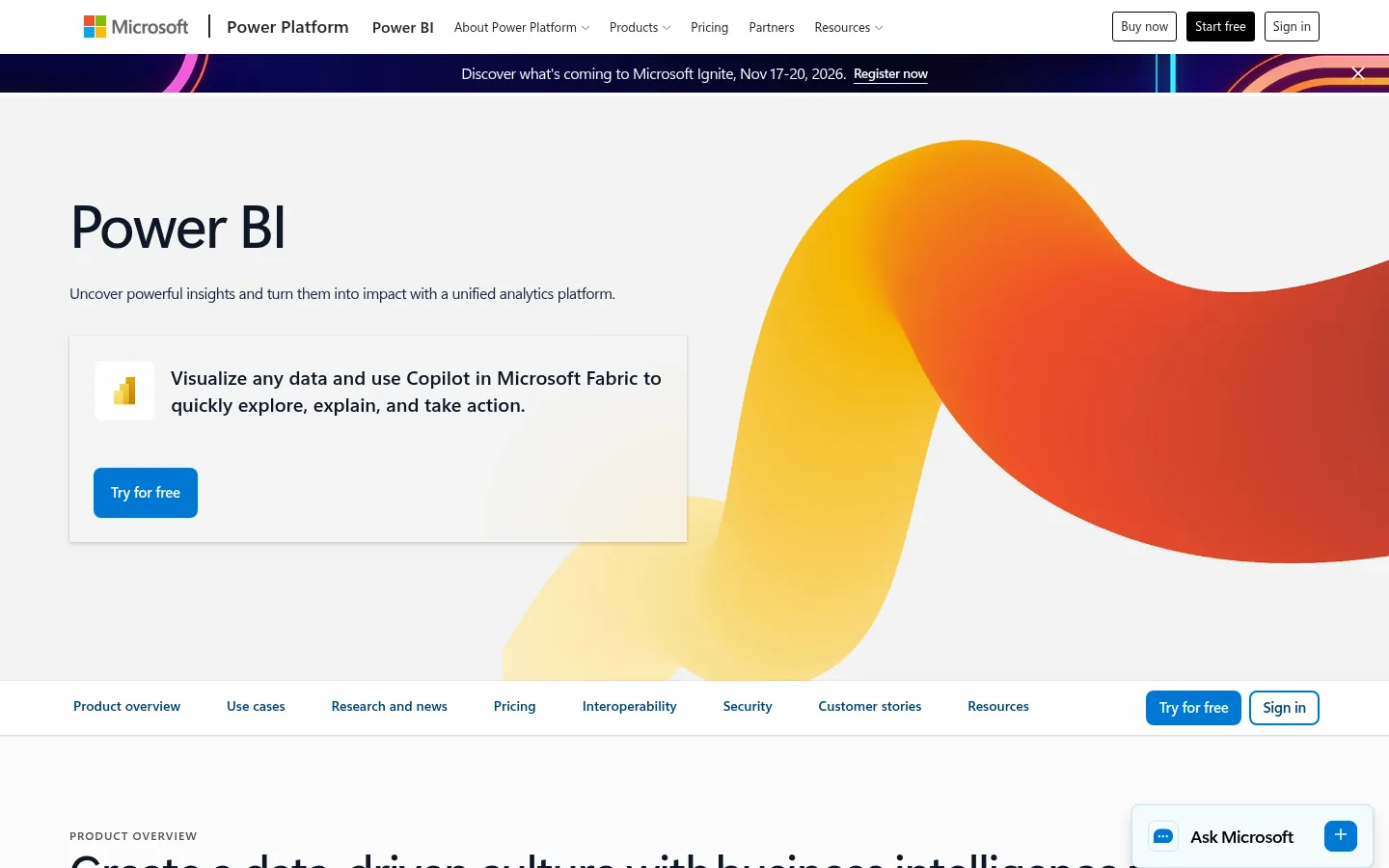 Microsoft Power BI website, showing the Power BI product page