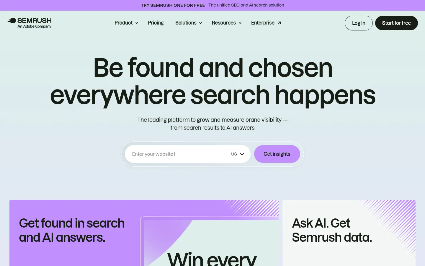 Semrush website, showing the home page with a website search box