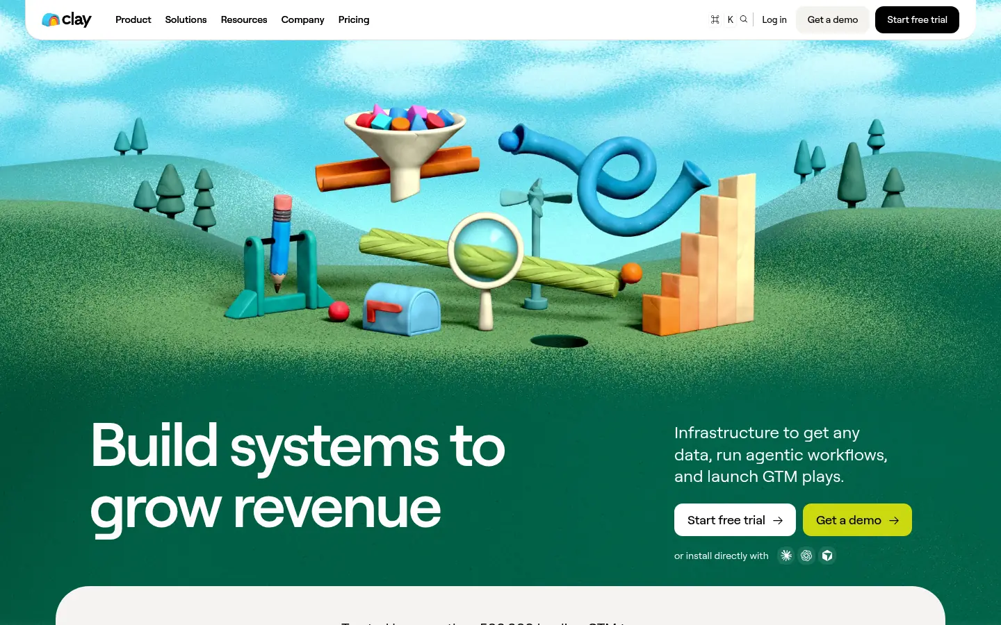 Clay website, showing the headline Build systems to grow revenue over an illustrated machine