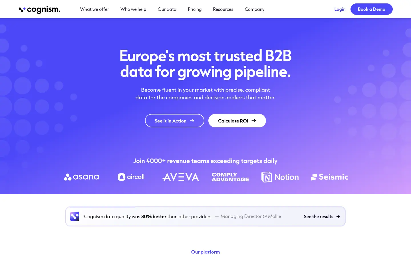 Cognism website, showing the headline about trusted B2B data for growing pipeline above customer logos