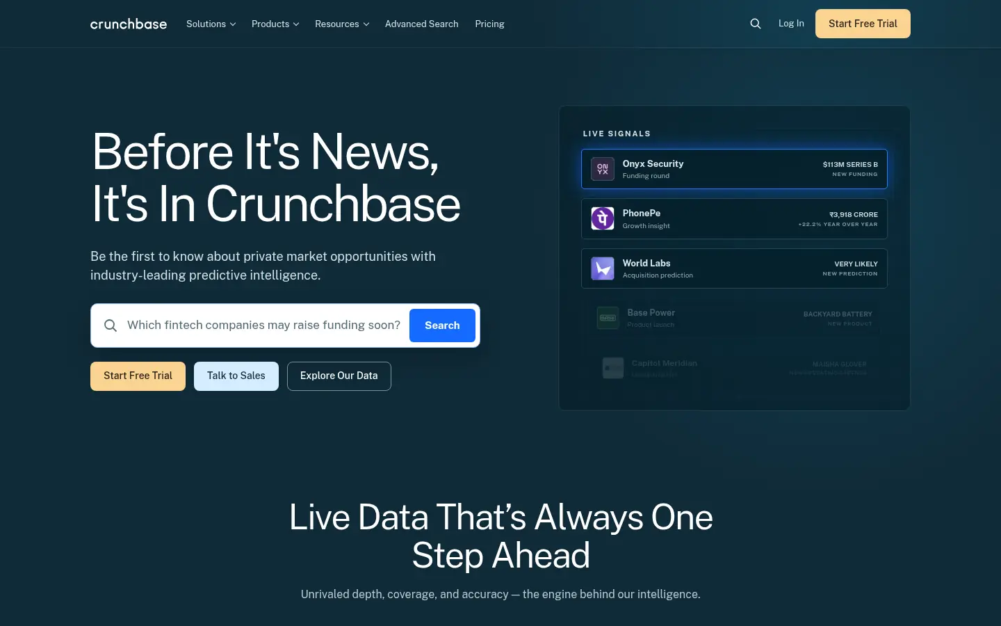 Crunchbase website, showing the headline Before It is News, It is In Crunchbase beside a search field