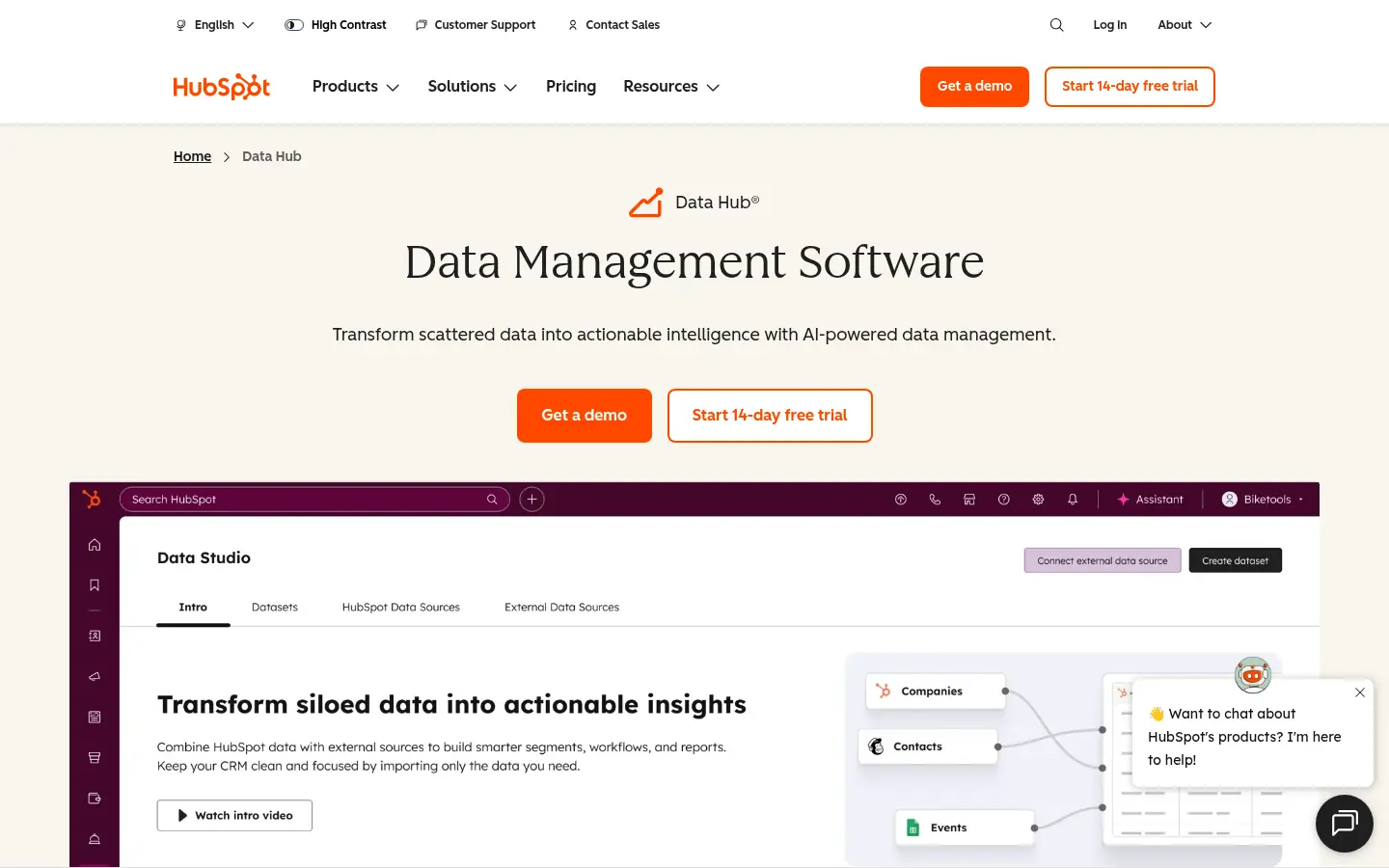 HubSpot website, showing the Data Hub page headed Data Management Software above a Data Studio preview