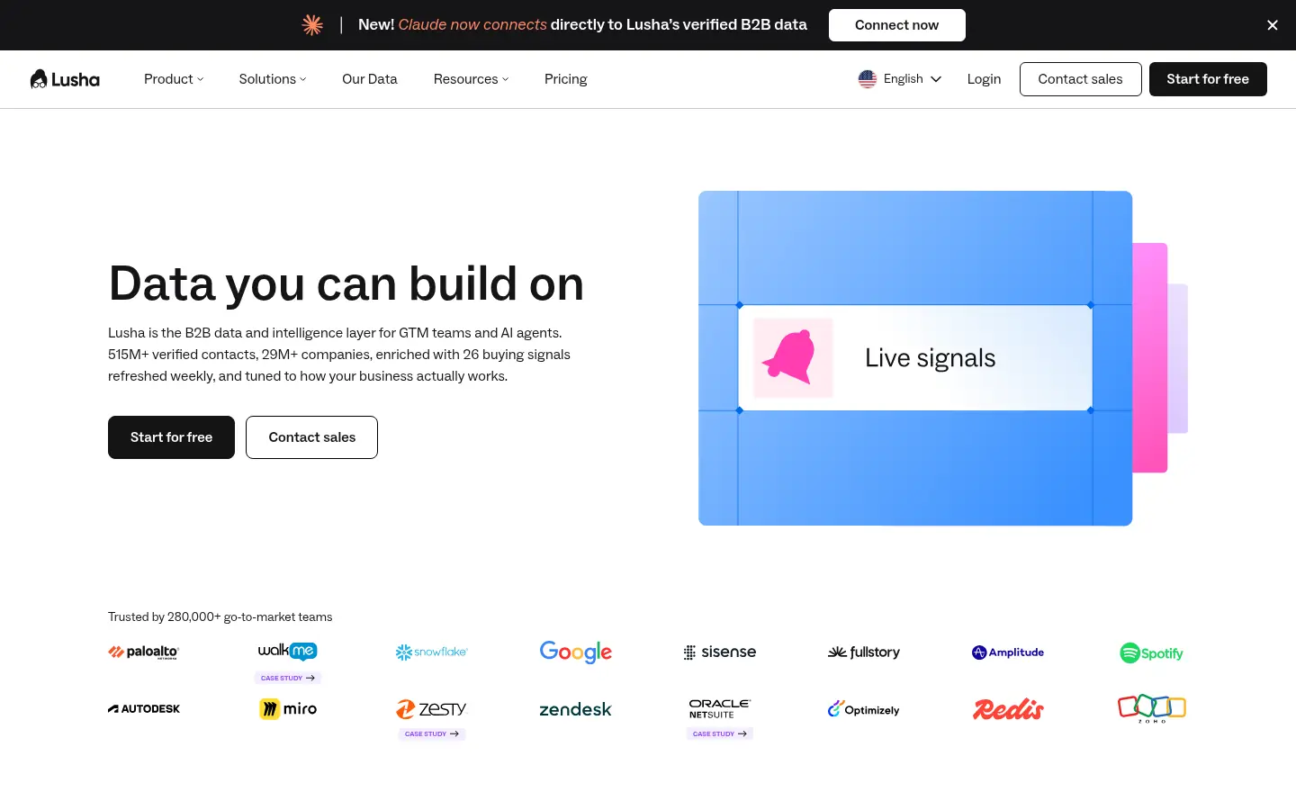 Lusha website, showing the headline Data you can build on beside a live signals graphic
