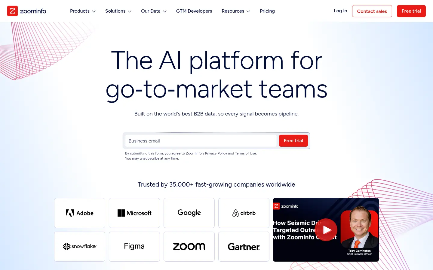 ZoomInfo website, showing the headline The AI platform for go to market teams above customer logos