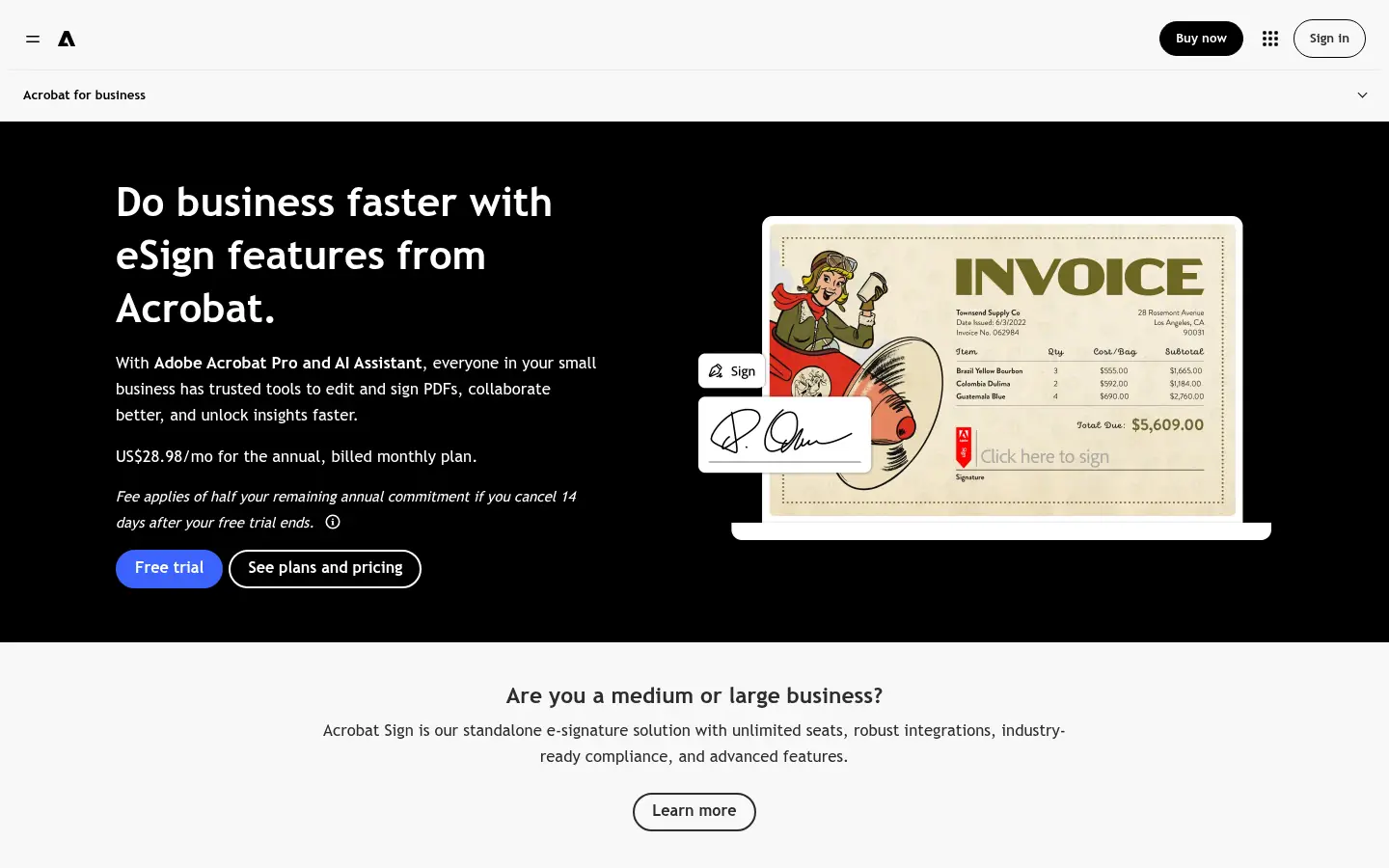 Adobe Acrobat Sign website, showing the Acrobat for business page about eSign features beside a sample invoice