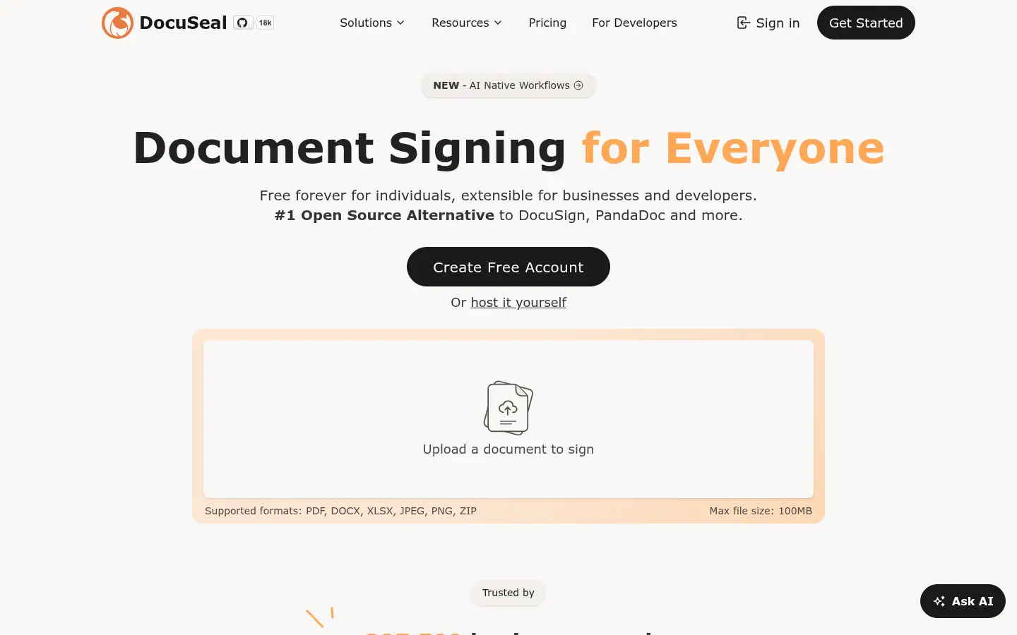 DocuSeal website, showing the headline Document Signing for Everyone above a document upload box