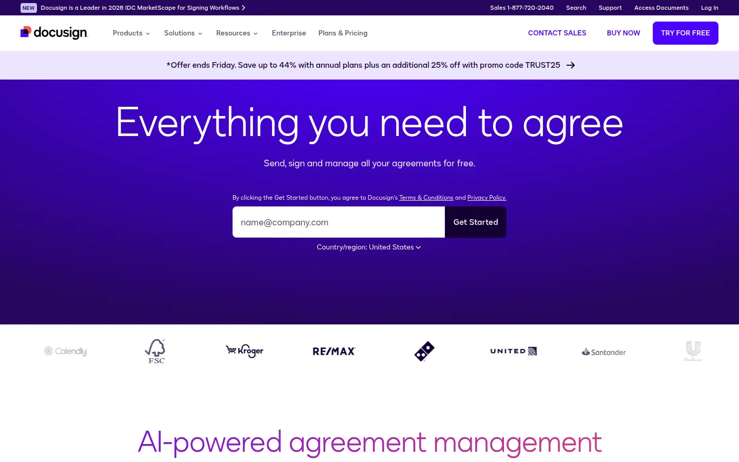 DocuSign website, showing the headline Everything you need to agree above an email sign up field