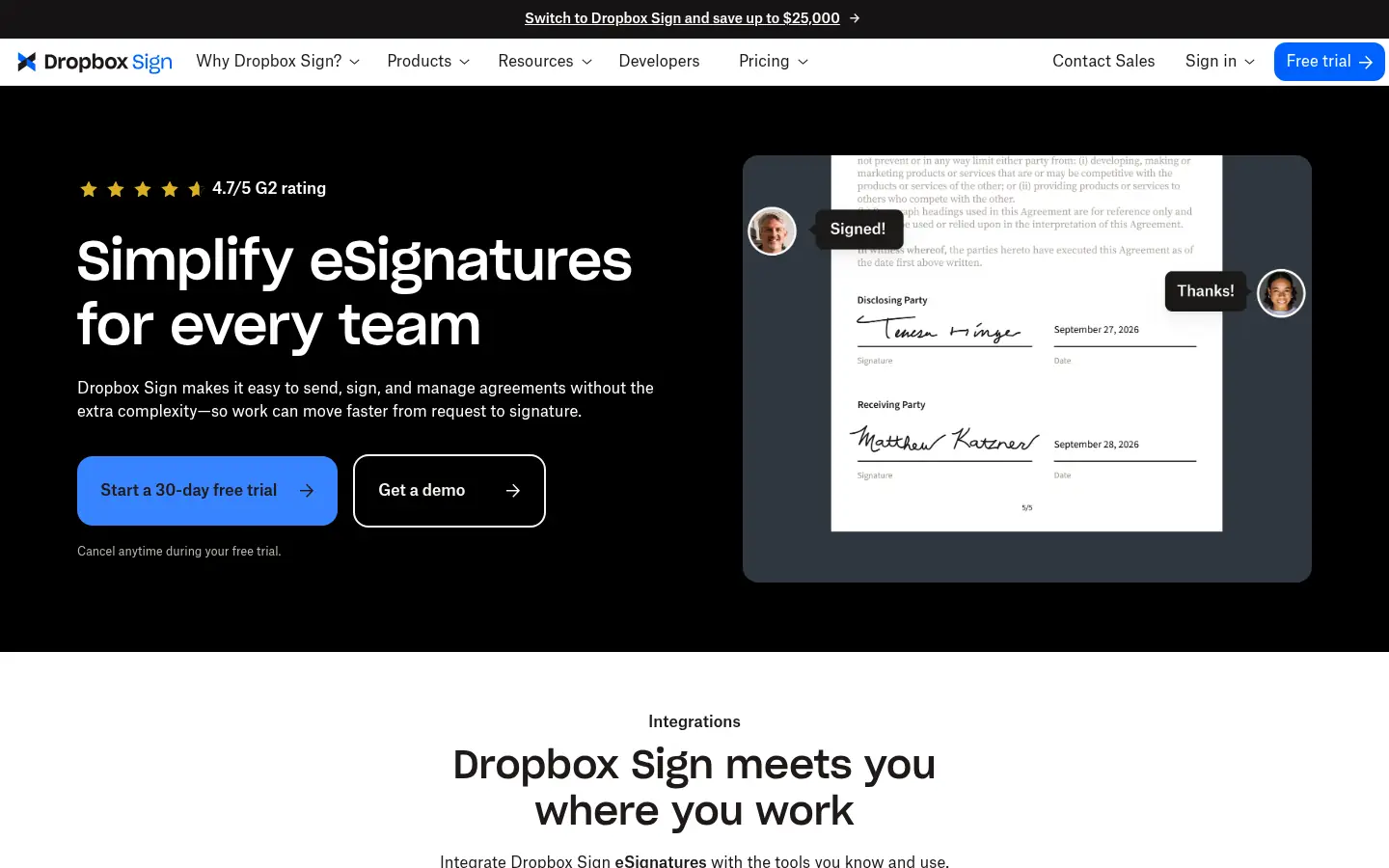 Dropbox Sign website, showing the headline Simplify eSignatures for every team beside a signed document