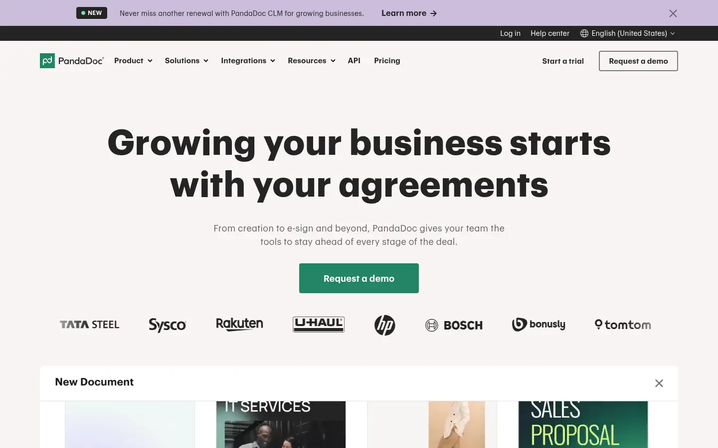 PandaDoc website, showing the headline Growing your business starts with your agreements above customer logos