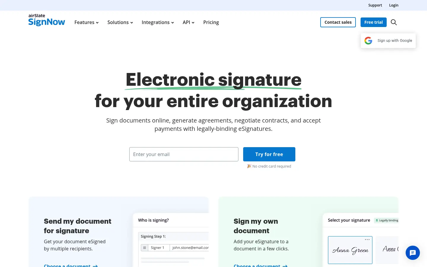 SignNow website, showing the electronic signature page with an email sign up field and feature cards