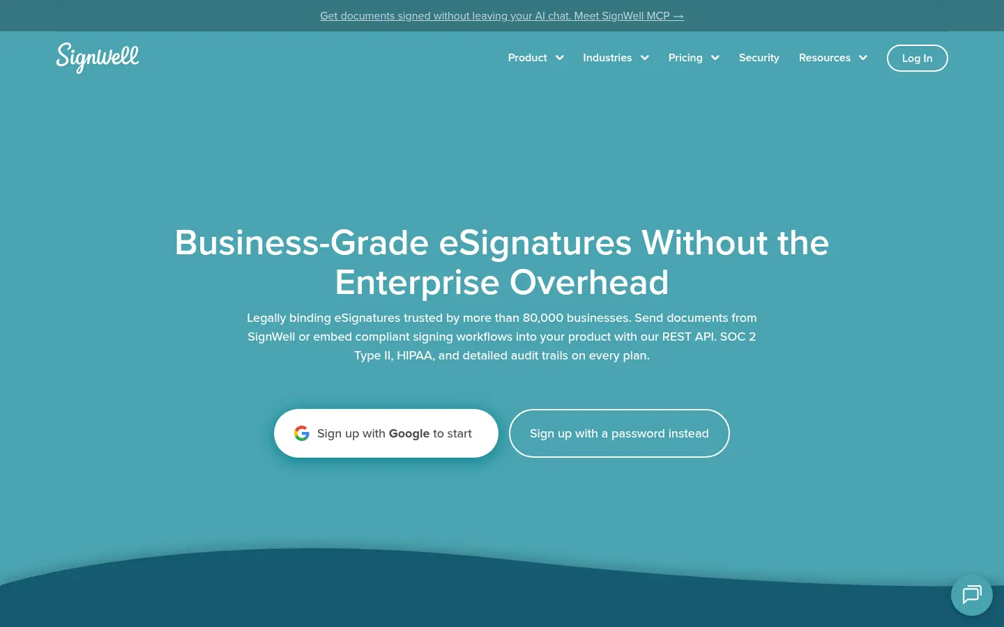 SignWell website, showing the headline Business Grade eSignatures Without the Enterprise Overhead