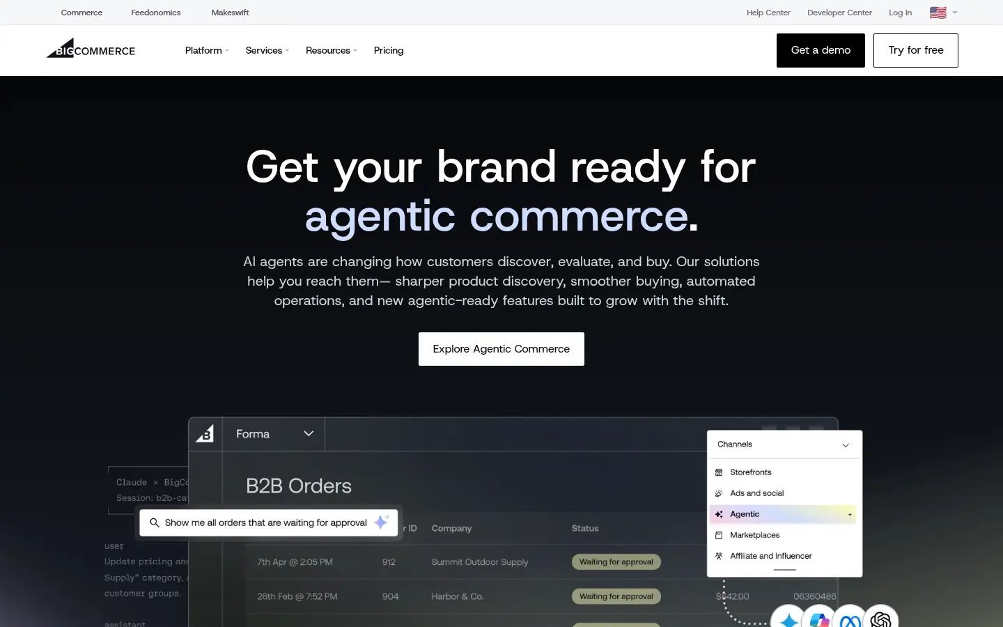 BigCommerce website, showing the headline Get your brand ready for agentic commerce above an orders preview