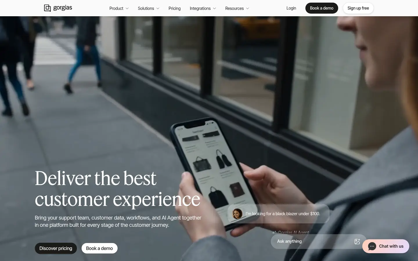 Gorgias website, showing the headline Deliver the best customer experience over a photo of a shopper