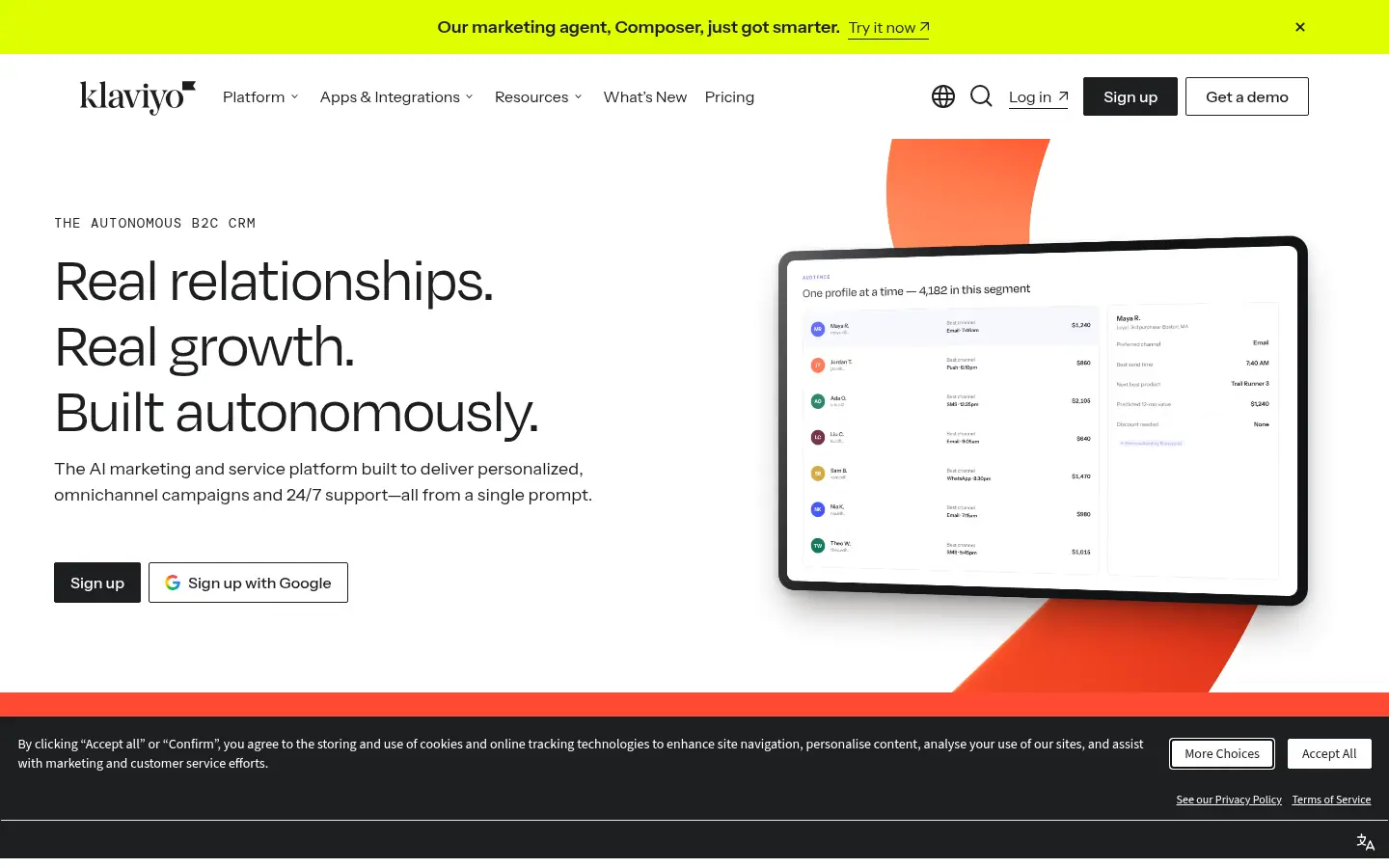 Klaviyo website, showing the headline Real relationships, real growth, built autonomously beside a tablet preview