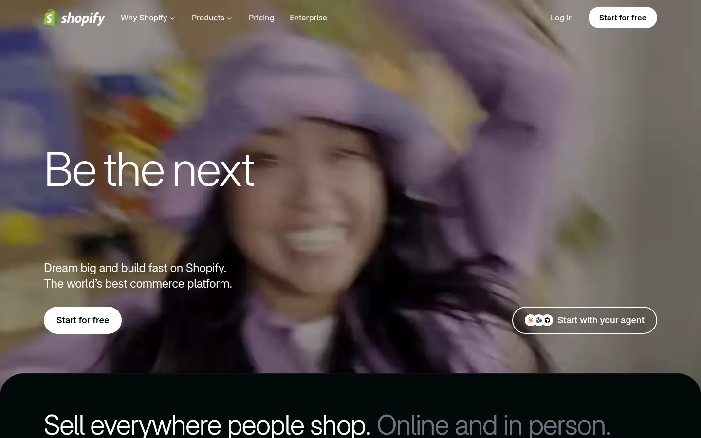 Shopify website, showing the headline Be the next over a lifestyle photo