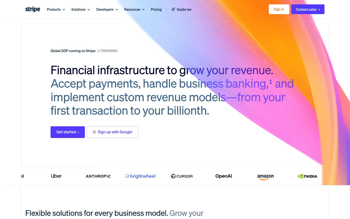 Stripe website, showing the headline Financial infrastructure to grow your revenue