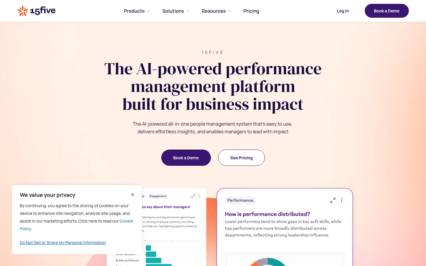 15Five website, showing the headline about an AI powered performance management platform built for business impact