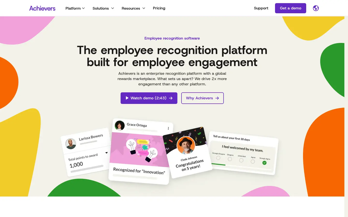 Achievers website, showing the headline The employee recognition platform built for employee engagement