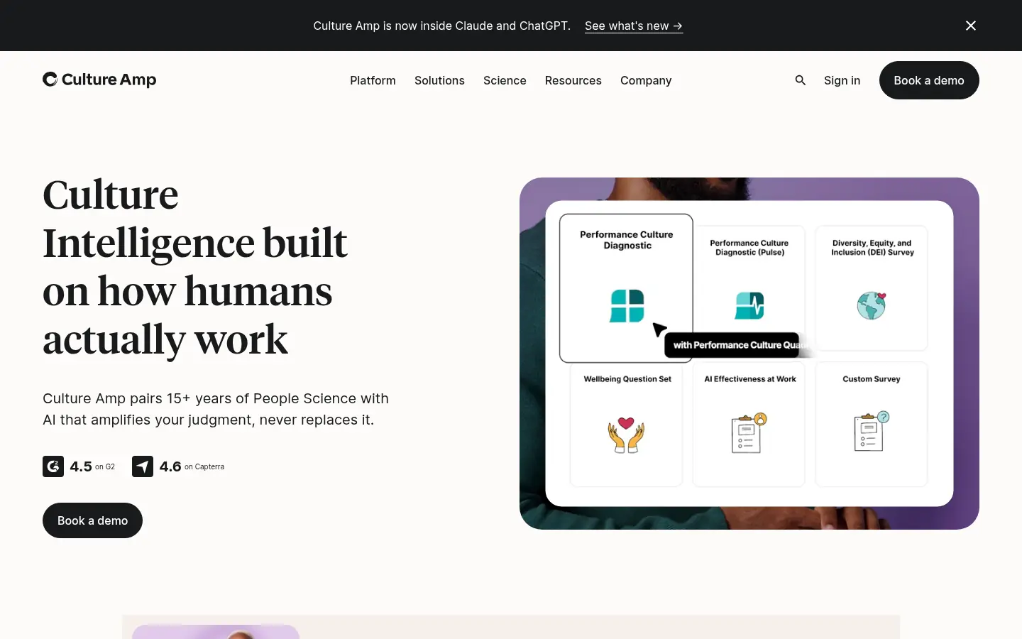 Culture Amp website, showing the headline Culture Intelligence built on how humans actually work