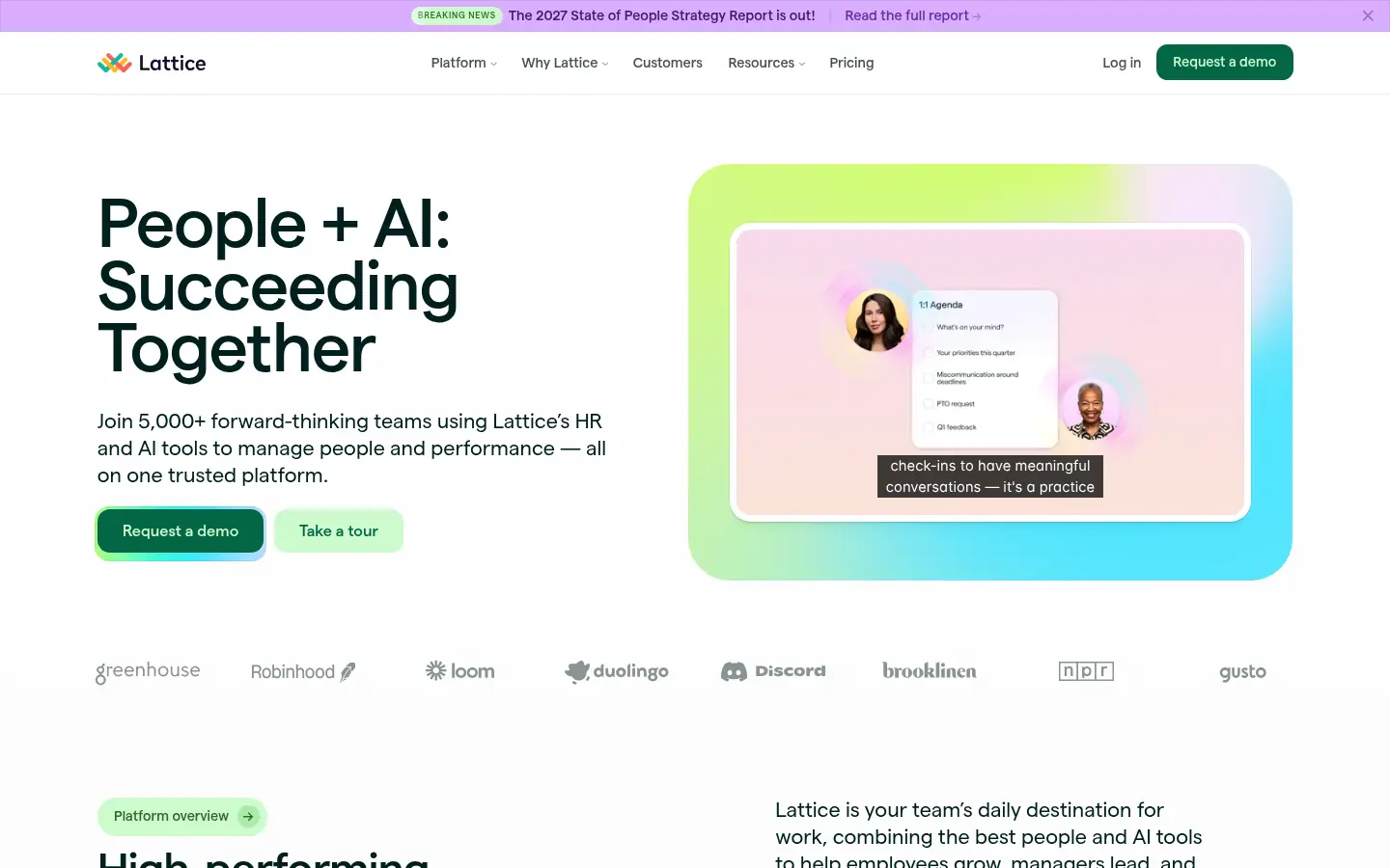 Lattice website, showing the headline People and AI, Succeeding Together beside a product preview