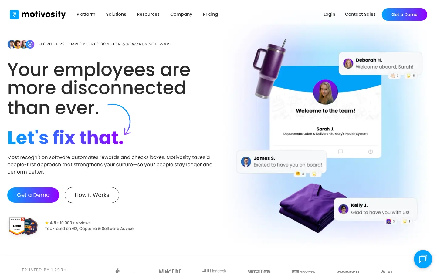 Motivosity website, showing the headline Your employees are more disconnected than ever beside recognition cards