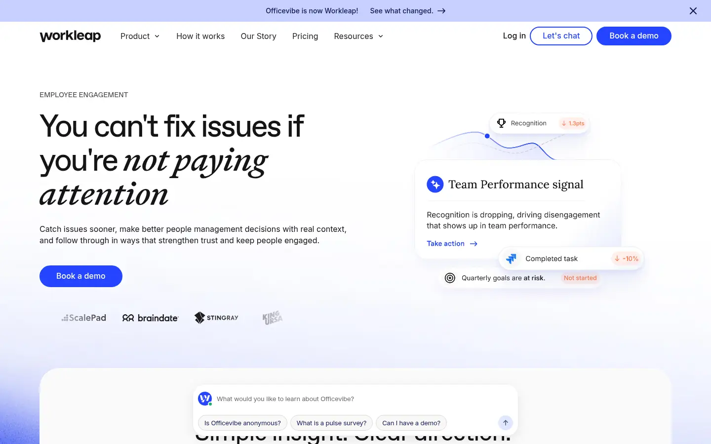 Workleap website, showing the employee engagement page beside a team performance signal card