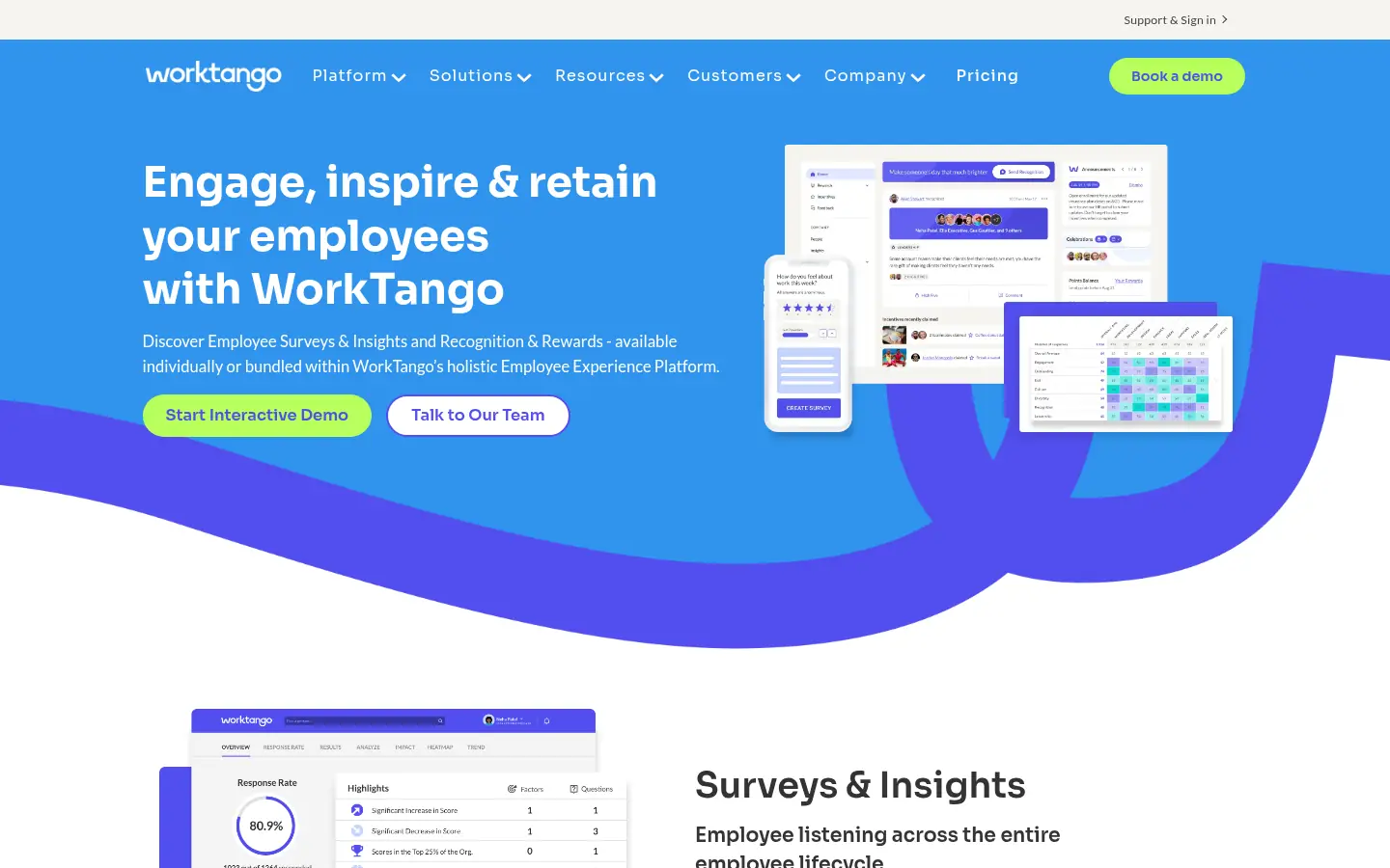 WorkTango website, showing the headline Engage, inspire and retain your employees with WorkTango