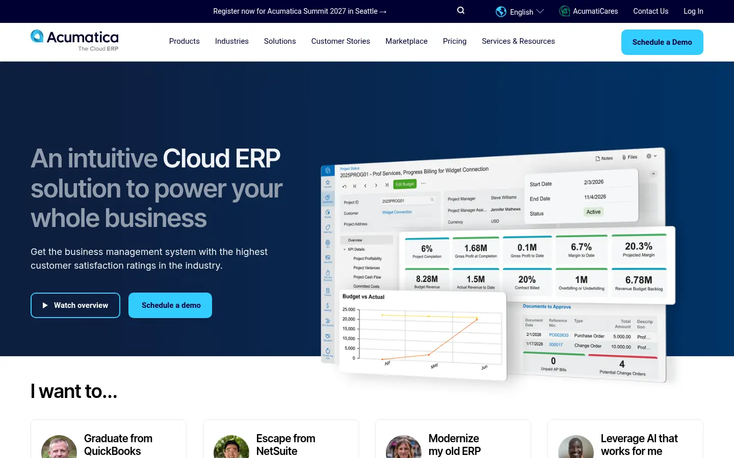 Acumatica website, showing the headline An intuitive Cloud ERP solution to power your whole business beside a dashboard