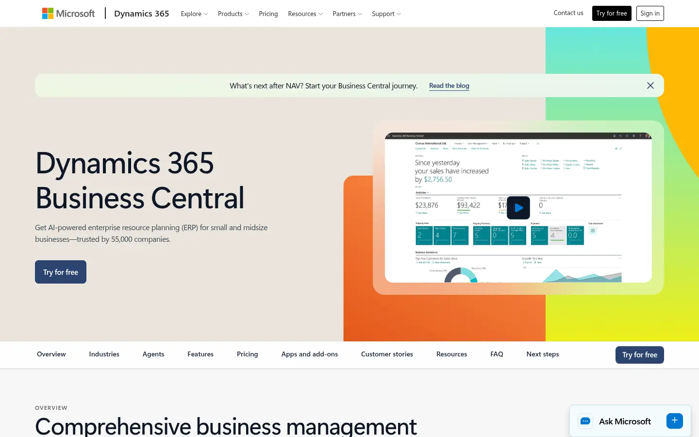 Microsoft Dynamics 365 website, showing the Dynamics 365 Business Central page beside a dashboard preview