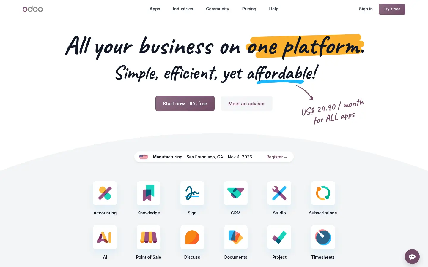 Odoo website, showing the headline All your business on one platform above app icons