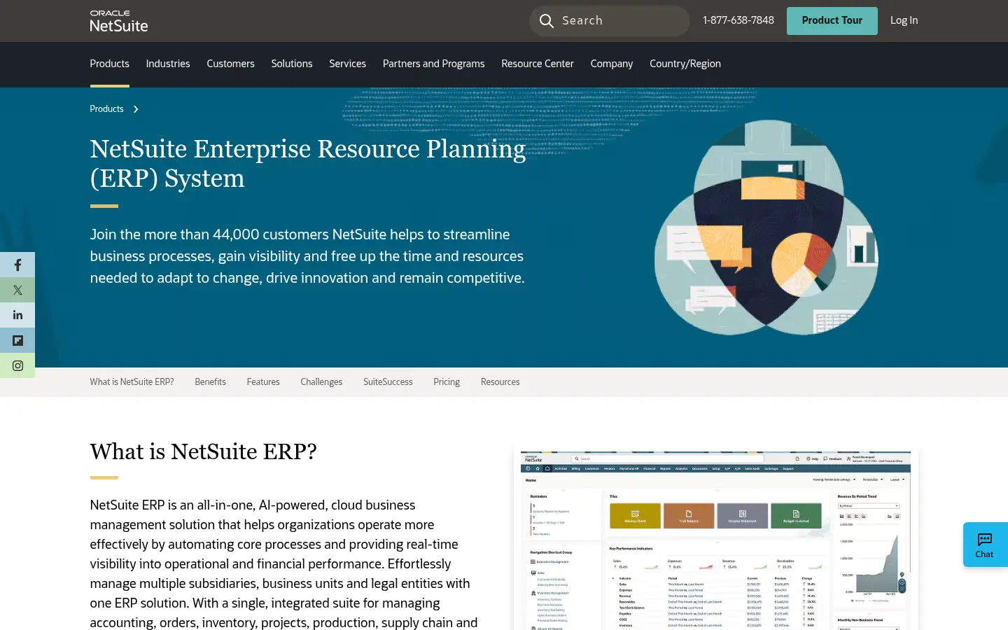 Oracle NetSuite website, showing the NetSuite Enterprise Resource Planning (ERP) System page