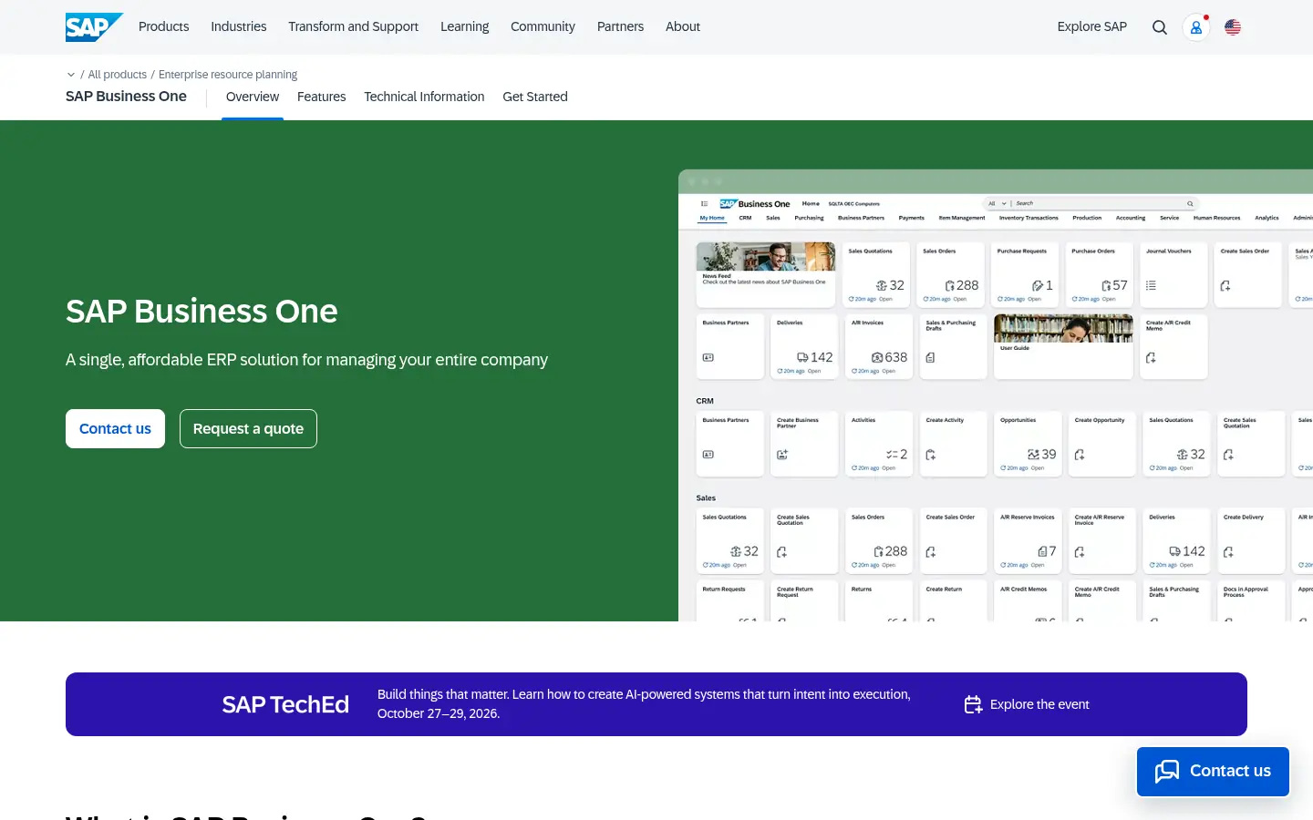 SAP Business One website, showing the SAP Business One page beside a dashboard preview