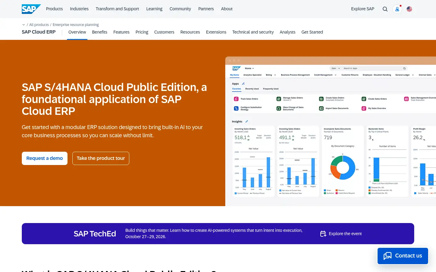 SAP S/4HANA website, showing the SAP S/4HANA Cloud Public Edition page beside a dashboard preview