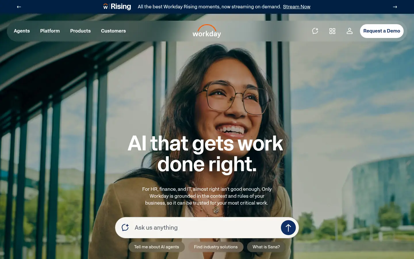 Workday website, showing the headline AI that gets work done right over a photo of a person