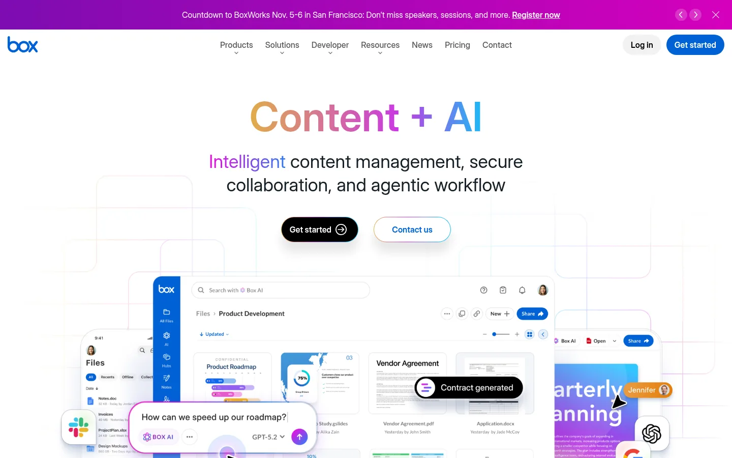 Box website, showing the homepage