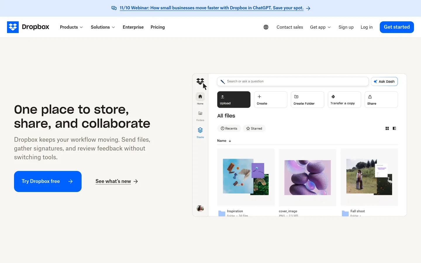 Dropbox website, showing the homepage