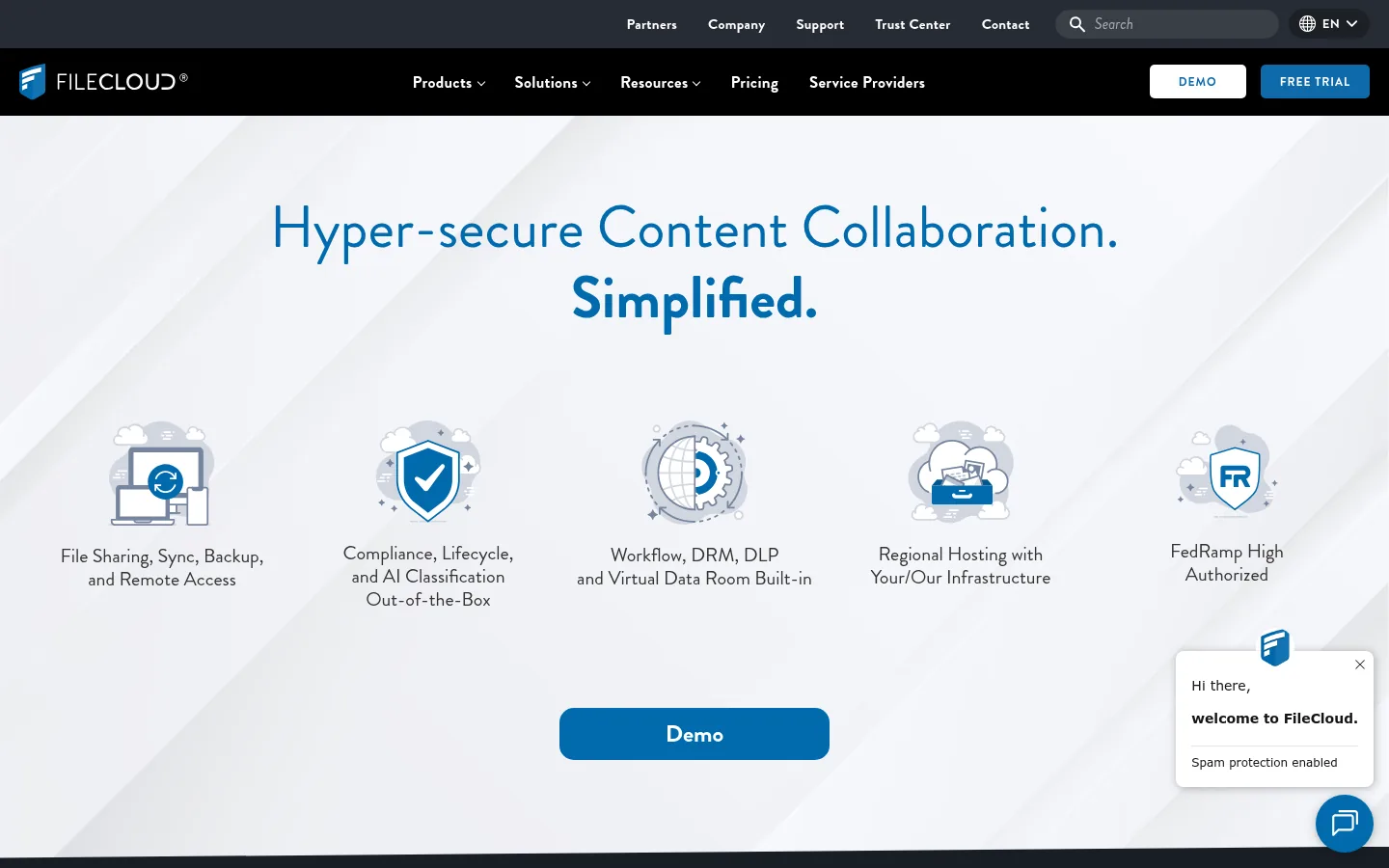 FileCloud website, showing the homepage