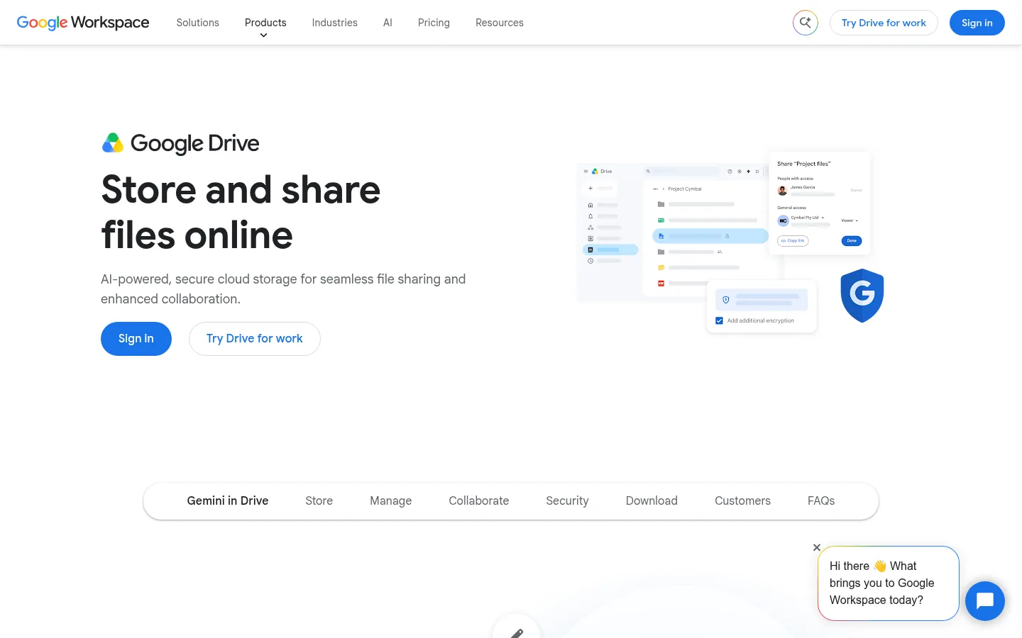 Google Drive (Google Workspace) website, showing the homepage