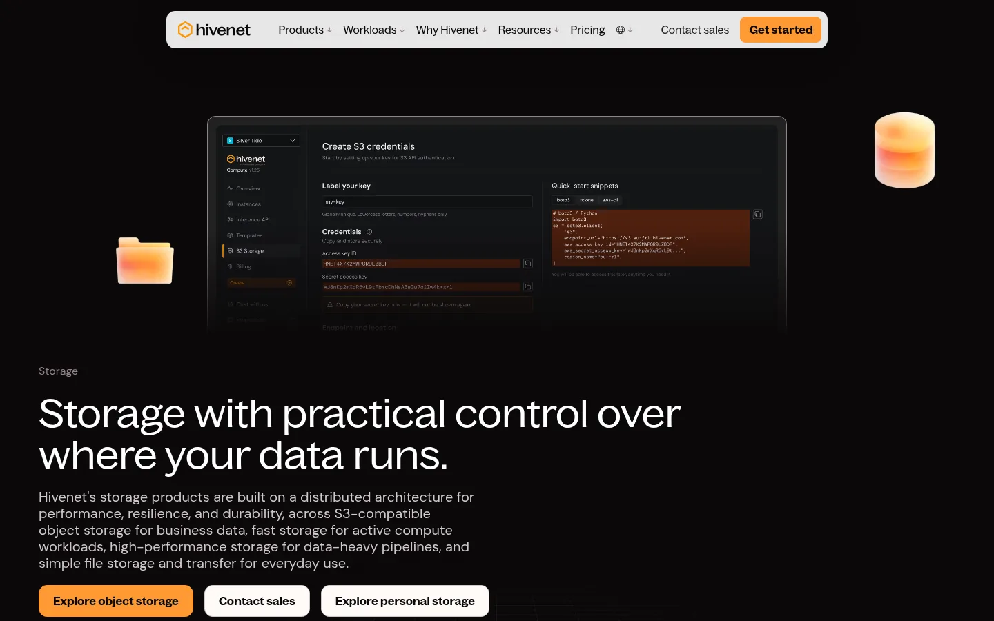 Hivenet website, showing the storage product page