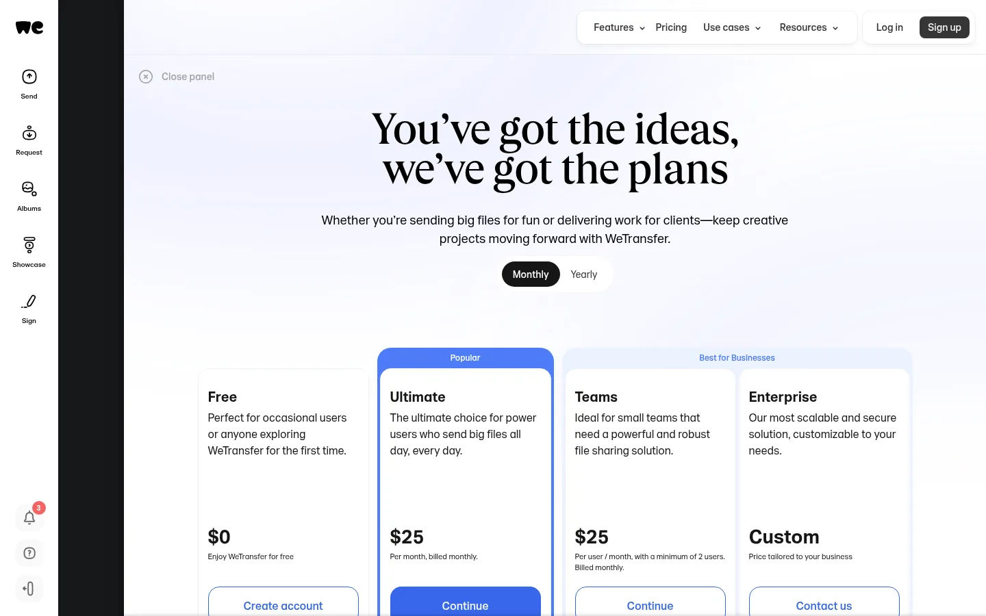WeTransfer website, showing the pricing page